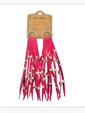 Rustic Couture's Hoop Long hit pink Suede Fringe Silver Beaded Statement Earring